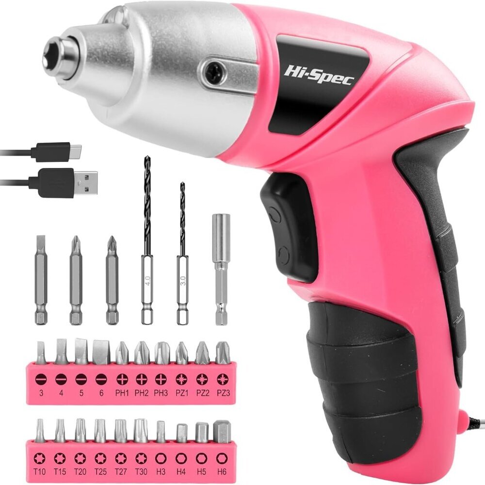 Electric Screwdriver 27pc 3.6V Pink USB Small Power Screwdriver Set. Cordless &